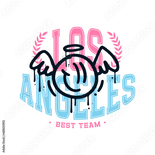 College tee print with angel graffiti style graphic. Los Angeles varsity vector concept. photo
