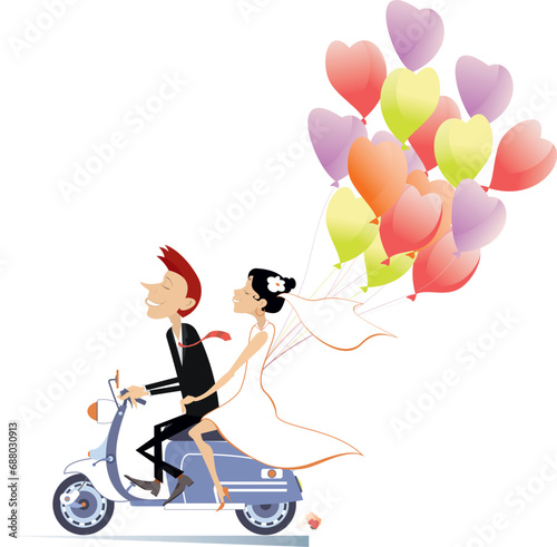 Happy married wedding couple rides on the scooter. 
Happy married wedding couple rides on the scooter with a lot of air balloons. Isolated on white background
