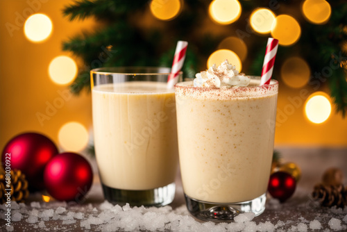 Eggnog with whipped cream and cinnamon on a Christmas background. Generative AI