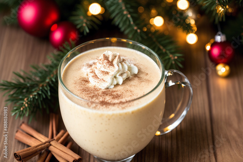 Eggnog with whipped cream and cinnamon on a Christmas background. Generative AI