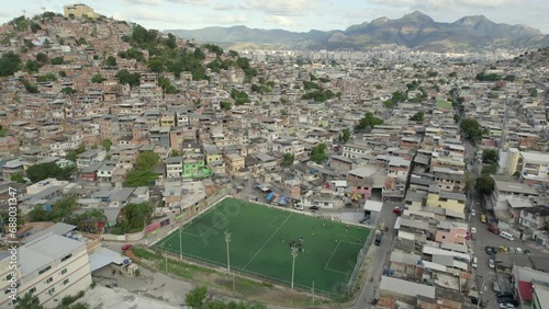 Aerial view of a soccer field in Favela Complexo do Alemão Rio de Janeiro photo