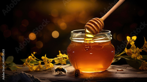 Honey in a glass jar with a wooden spoon dipper. Still life on a wooden table with flowers and flying bee. Healthy sweet food. Close up
