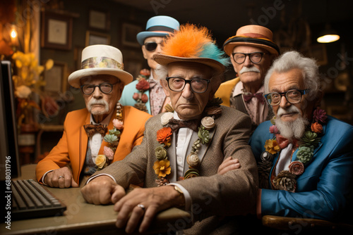 Senior men group, colorful hippie clothes, hats and flower necklace, gray hair, using a computer, lifestyle and friendship