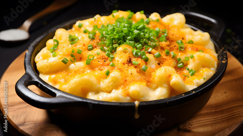 Mac and cheese, american style macaroni pasta in cheesy sauce