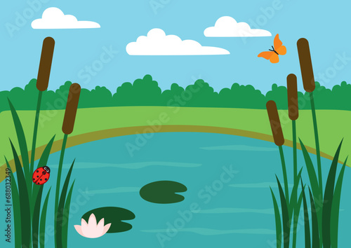 Summer landscape with a lake, reeds, grass, water lilies, clouds and blue sky. Vector Illustration