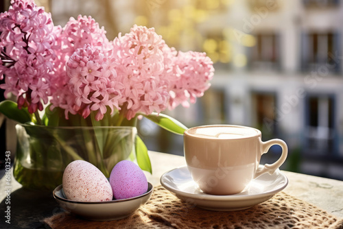 Cup of coffee and Easter eggs on a table of outdoor cafe on sunny spring day in typical European town. Having a cup of hot beverage in Easter season.