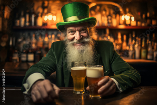 Mischievous Irish leprechaun wearing green suit and green hat having beer at a bar. Celebrating St. Patrick's Day in Ireland. photo