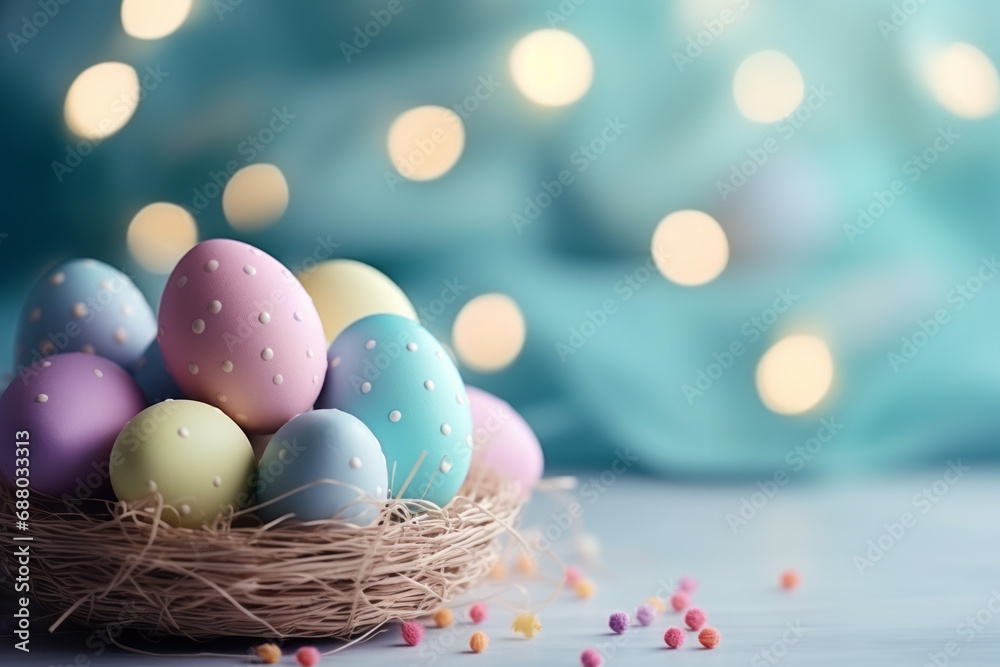 Beautiful pastel Easter eggs in wicker basket on light shining background. Celebrating Easter. Holiday banner. Easter postcard.