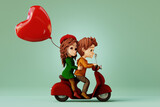 Cartoon boy and girl riding scooter together. Valentines day concept. 3d render
