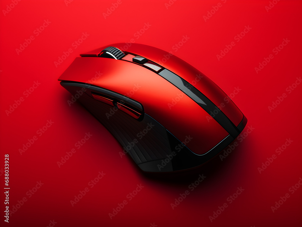 A red wireless computer mouse on red background, studio shot A red wireless computer mouse on red background, studio shot