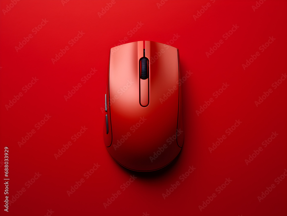 A red wireless computer mouse on red background, studio shot, top view - obrazy, fototapety, plakaty 