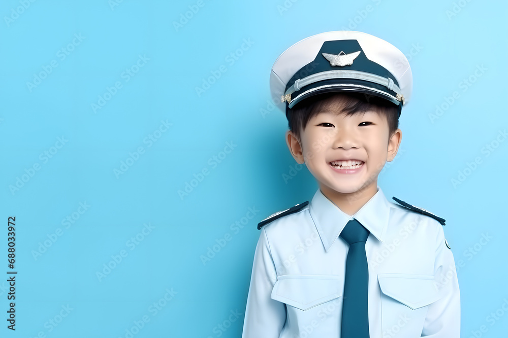 Asian child boy posing in pilot uniform costume on pastel background. Asian child boy posing in pilot uniform costume on pastel background.