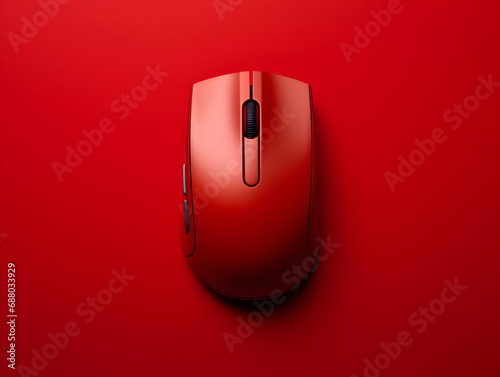 A red wireless computer mouse on red background, studio shot, top view photo