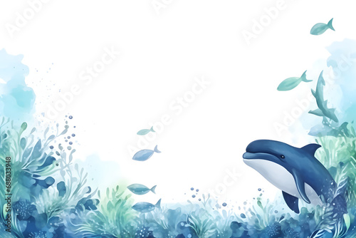 Whale in underwater frame border background in watercolor style.