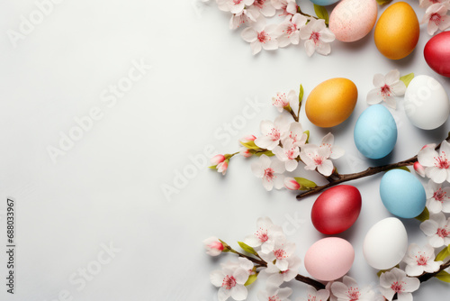 Easter eggs colored in pastel colors to celebrate Easter. Painted eggs among flowers  top down view.