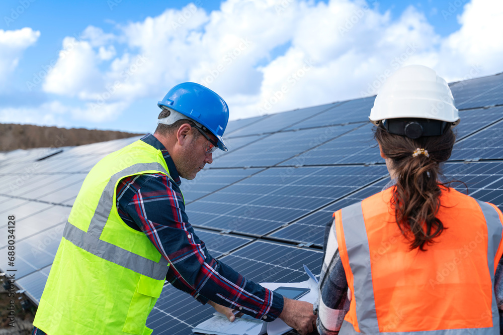 Young engineer inspect installation of solar panels installed check  with blueprint on the field, with recording inspection data on pc.
