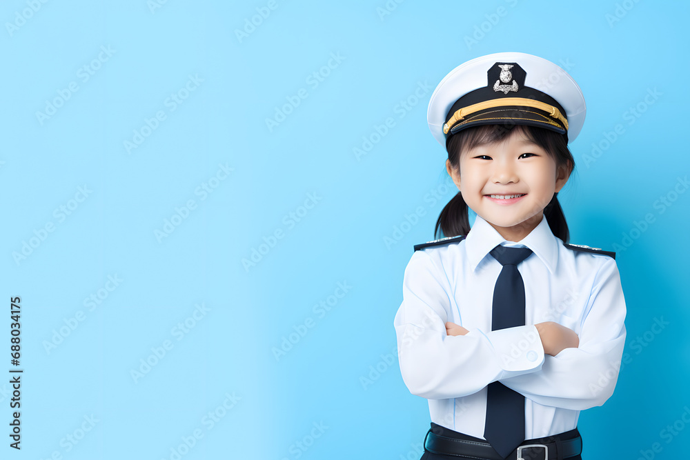 Asian child girl posing in pilot uniform costume on pastel background. Asian child girl posing in pilot uniform costume on pastel background.