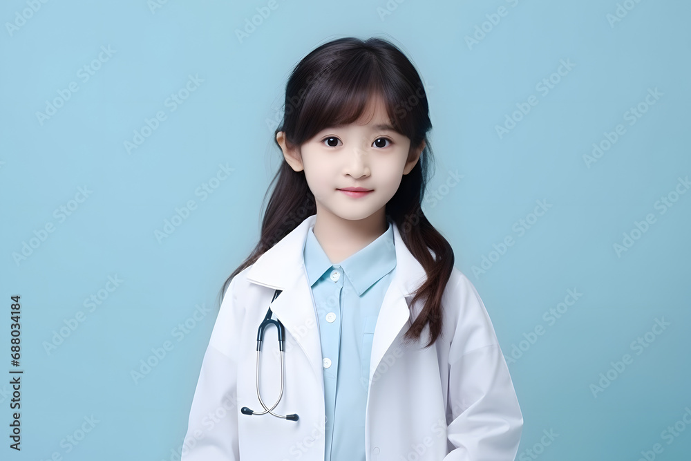 Asian child girl posing in doctor uniform costume on pastel background. Asian child girl posing in doctor uniform costume on pastel background.