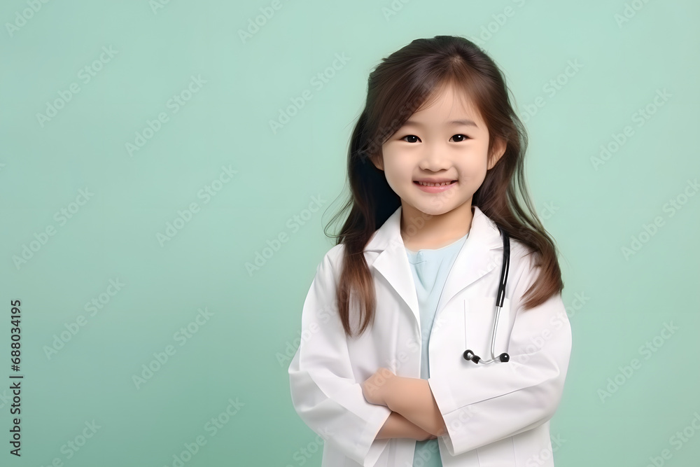 Asian child girl posing in doctor uniform costume on pastel background. Asian child girl posing in doctor uniform costume on pastel background.