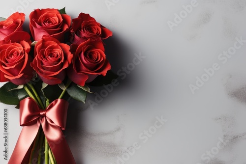 A bouquet of red roses with a satin ribbon bow on a light background. Holiday banner  card