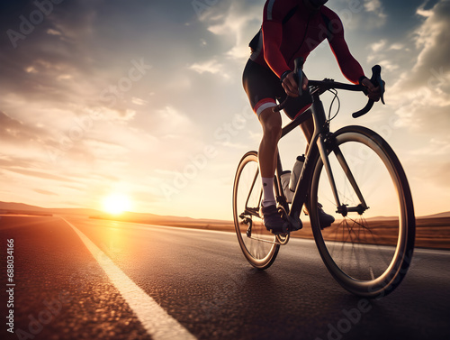 Cycling under the sunset sky, a man riding his bicycle in the serene beauty of nature's adventure, motivation concept