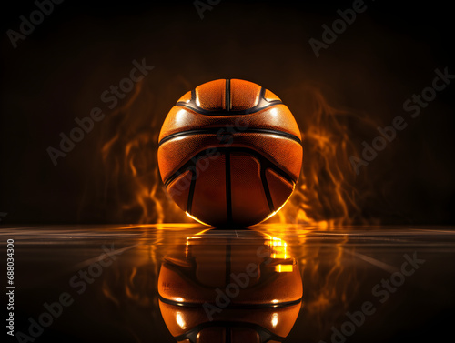 Basketball game artwork featuring a glowing ball in the dark night with fiery orange flames and court illumination © Jira