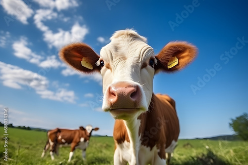 Cow on green grass and blue sky. Animal background. © Pacharee