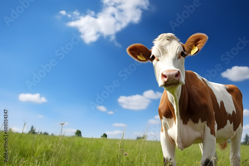 Cow on green grass and blue sky. Animal background.