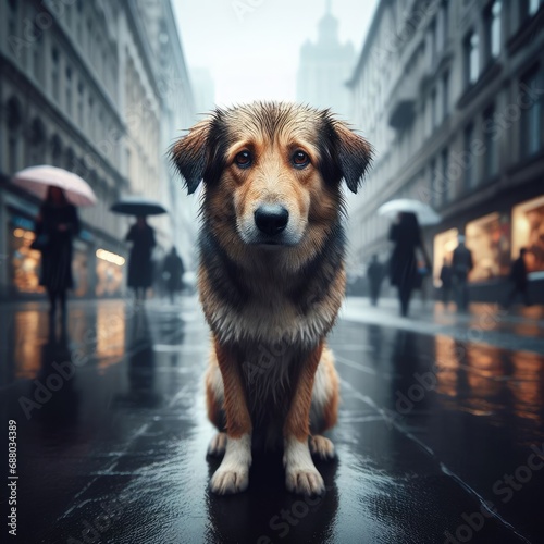 A wet mongrel sits miserably on the wet pavement, it's raining, people are passing by photo