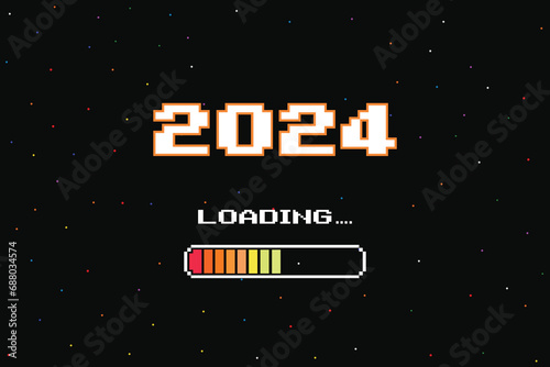 LOADING 2024 .pixel art .8 bit. retro game. for game assets in vector illustrations. Retro Futurism Sci-Fi Background. glowing neon grid and star from vintage arcade computer games
