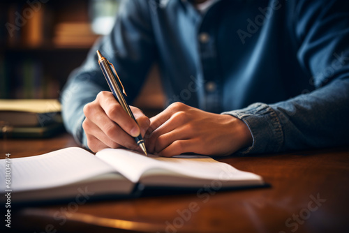 A youthful individual busily jotting in their notebook using a pencil for educational purposes. photo