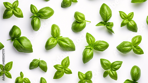 Isolated cluster of green basil leaves viewed from above, laid flat on a white background, with full focus.