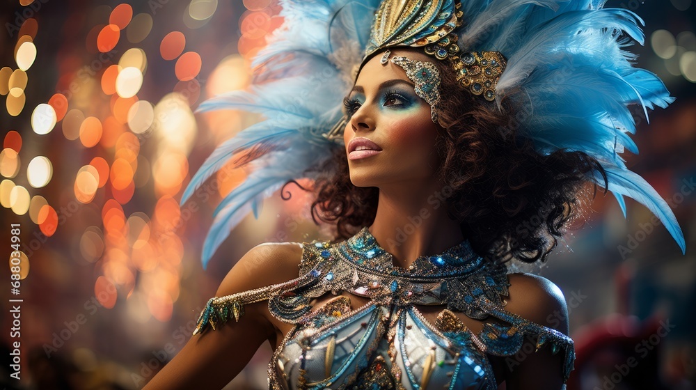 Fototapeta premium Beautiful Brazilian woman wearing colorful Carnival costume during Carnaval street parade in city.