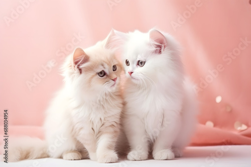 Cute couple cat posing in love on pastel background. Happy Valentine's day.