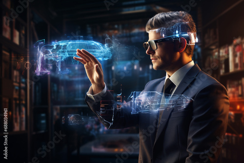 Step into the future as a businessman dons virtual glasses engaging in a handshake with a holographic graphic‚Äîa visionary concept in 3D rendering.