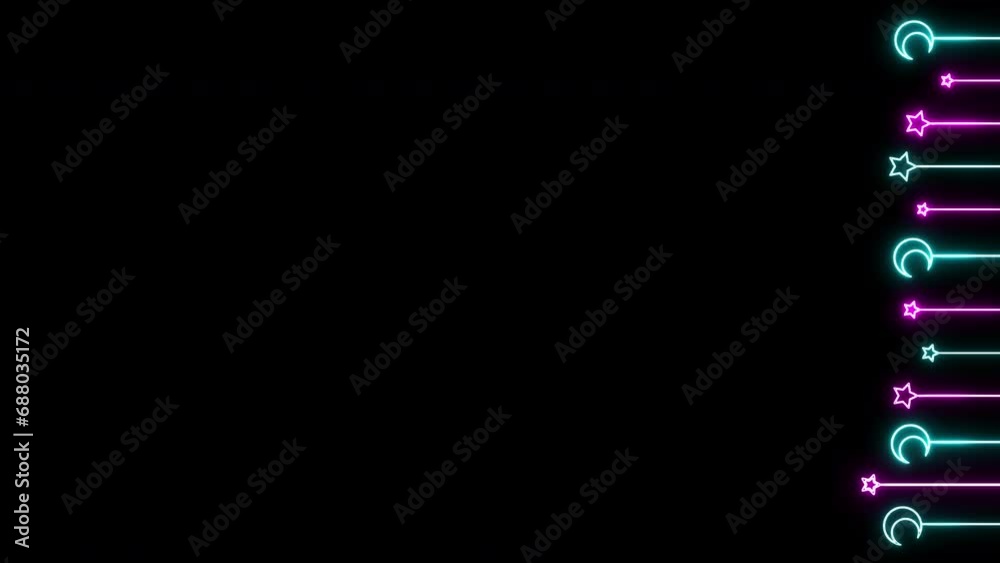 4k Neon Glowing Hanging Vertical Crescent and Stars Animated Decorative Design Elements. Crescent on Black Background. Motion Animation for Muslim holidays. Ramadan Kareem Illuminated Moon and star. 4k Neon Glowing Hanging Vertical Crescent and Stars Animated Decorative Design Elements. Crescent on Black Background. Motion Animation for Muslim holidays. Ramadan Kareem Illuminated Moon and star.