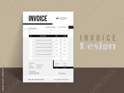 Invoice Design. Business invoice form template. Invoicing quotes, money bills or pricelist and payment agreement design templates. Tax form, 
bill graphic or payment receipt. photo