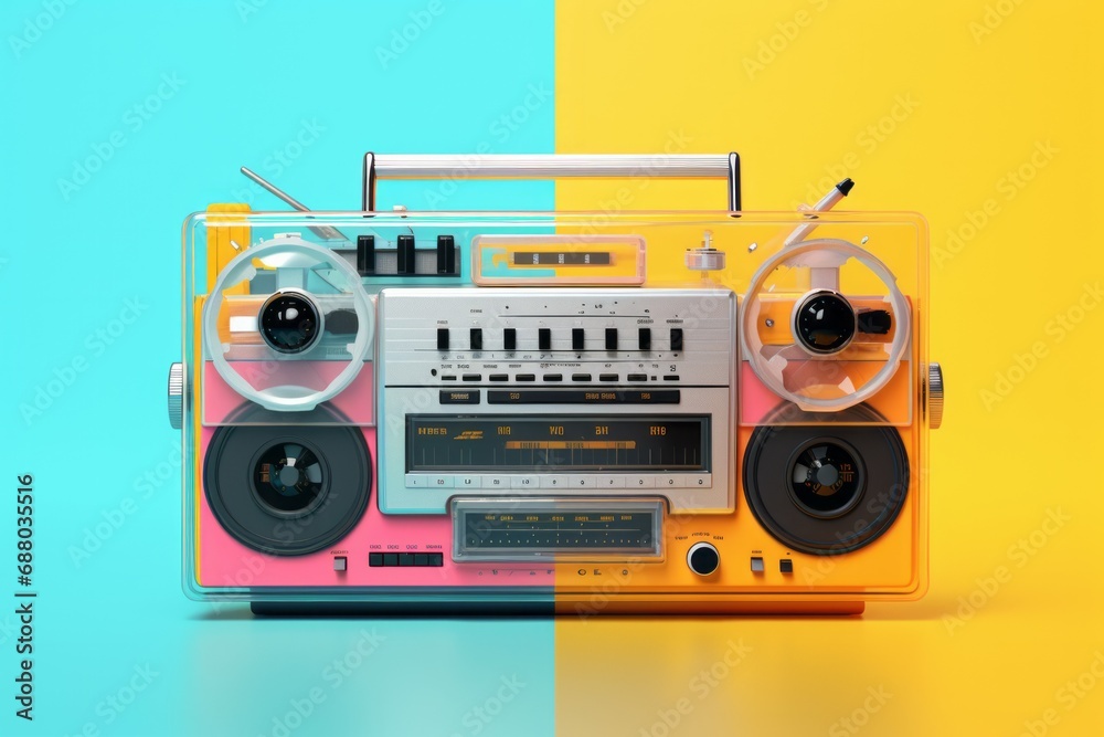 Retro radio recorder from 70s front turquoise background. Old instagram style filtered photo - obrazy, fototapety, plakaty 
