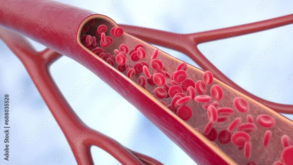 Atherosclerosis disease. Cholesterol in the blood vessels. atherosclerotic plaque, blood cells, blood pressure.