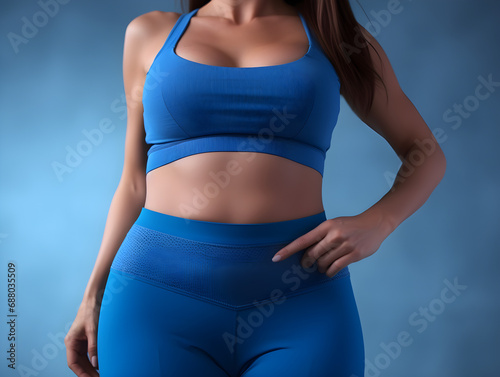 Close up of woman perfect belly with abs abdominal in blue sportswear, concept of healthy body active lifestyle people and diet results, health food nutrition, on blue background studio