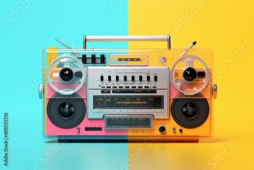 Retro radio recorder from 70s front turquoise background. Old instagram style filtered photo photo