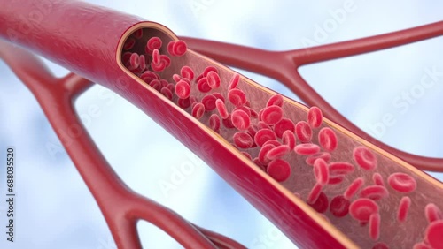 Atherosclerosis disease. Cholesterol in the blood vessels. atherosclerotic plaque, blood cells, blood pressure. photo