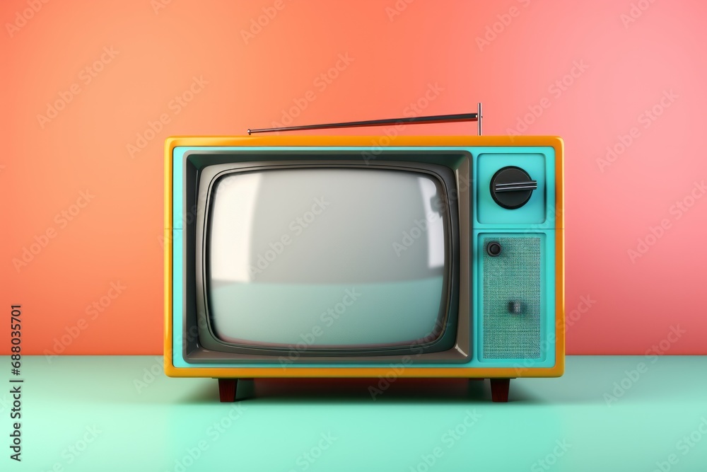 Retro old  TV set receiver front gradient mint green wall background. Vintage instagram style filtered photo