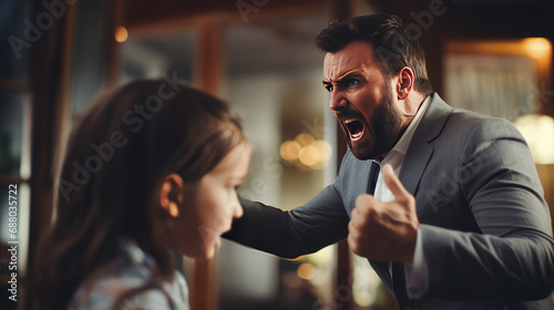 Dad has a fight with his child daughter. Domestic violence, misunderstanding, child crisis, quarrel with child. A grown man fighting with his daughter. photo
