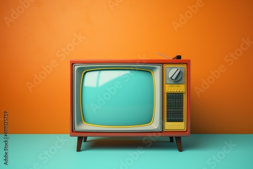 Retro old orange TV set receiver front gradient orange wall background. Vintage instagram style filtered photo photo