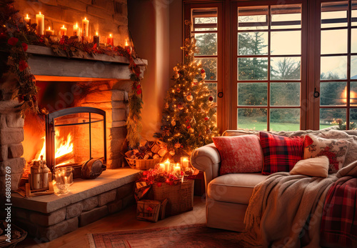 Christmas cozy living room with fireplace