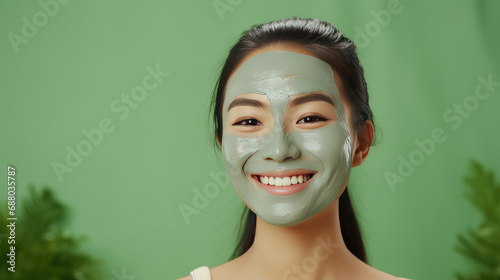 Portrait of a young Asian girl with a cosmetic mask on her face. Cosmetic mask for troubled teenage skin, Korean cosmetics for skin moisturizing and cleansing, green background.