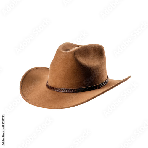 Side view of brown cowboy hat on a cutout PNG transparent background