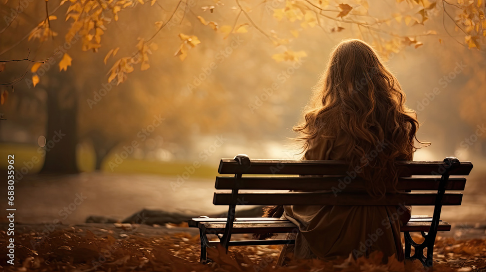 back view of lonely woman with long hair and wearing a coat sitting alone on a park bench in autumn created with Generative AI Technology - obrazy, fototapety, plakaty 