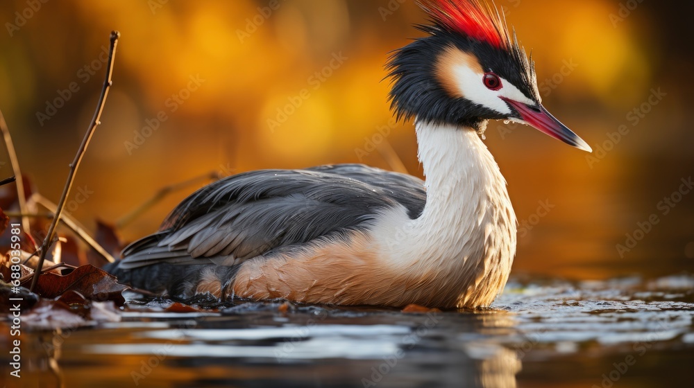 Fototapeta premium Great Crested Grebe On Pond, HD, Background Wallpaper, Desktop Wallpaper